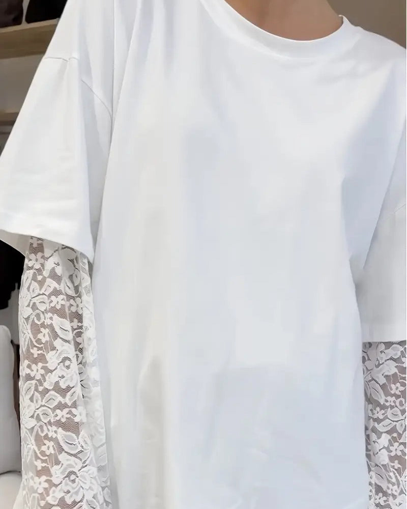 Casual Solid Color Lace Patchwork T-Shirt