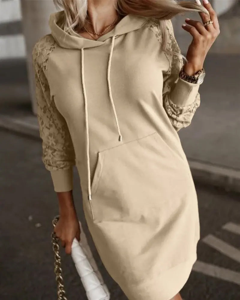 Hooded Lace Spliced Casual Dress