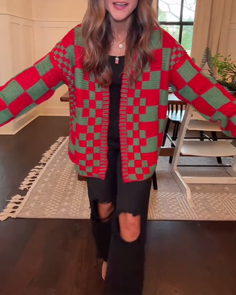 Plaid Drop Shoulder Casual Cardigan