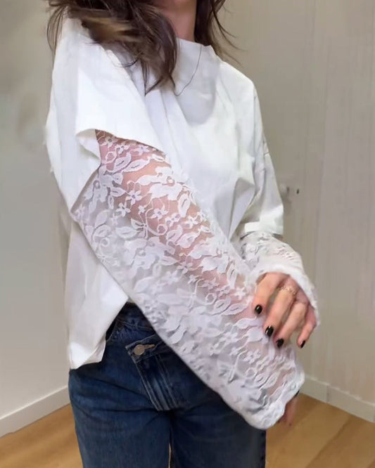Casual Solid Color Lace Patchwork T-Shirt
