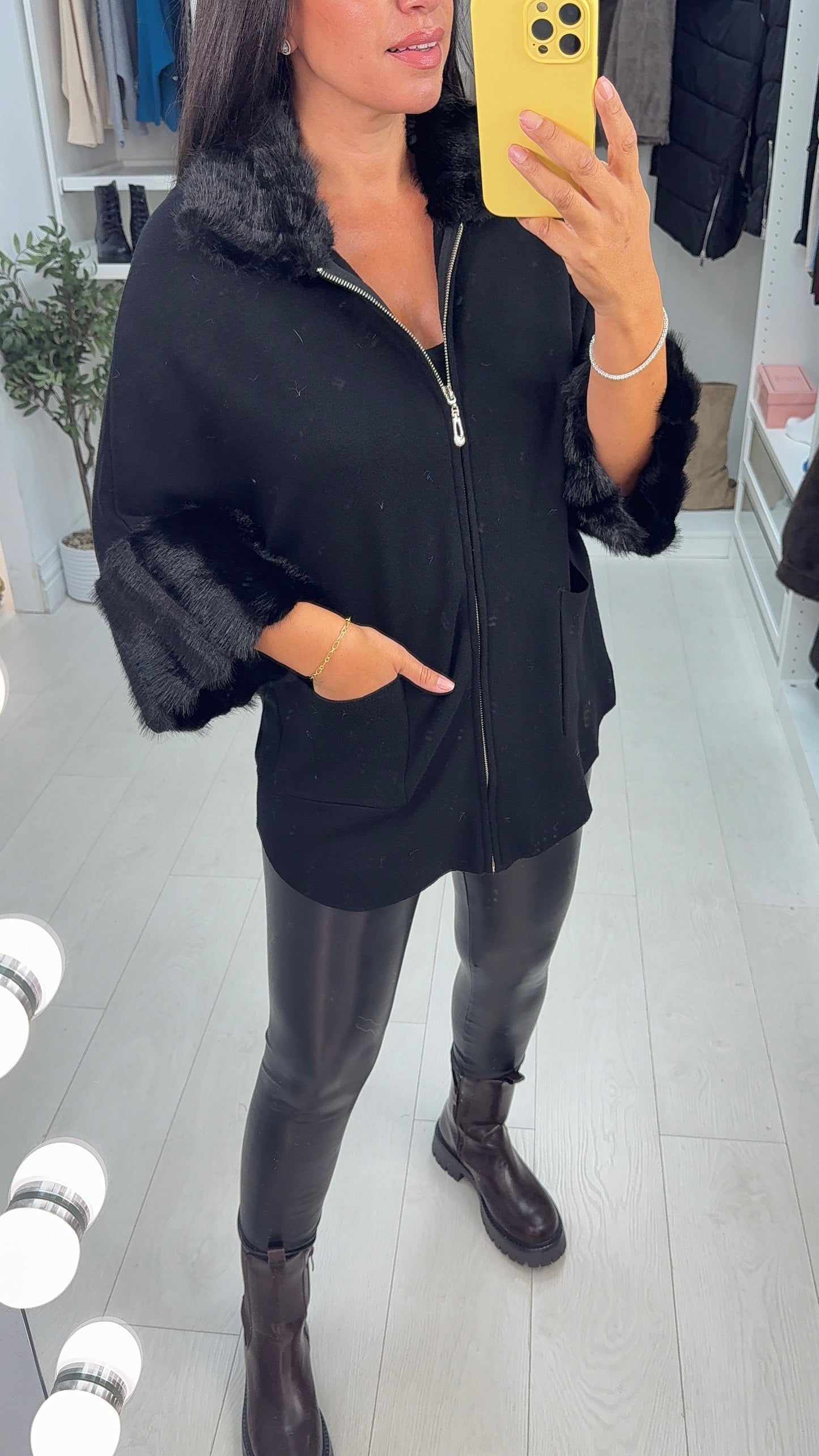 (BUY 1 GET 1 FREE) Orlanna Plain Faux Fur Detail Zip Front Cardigan