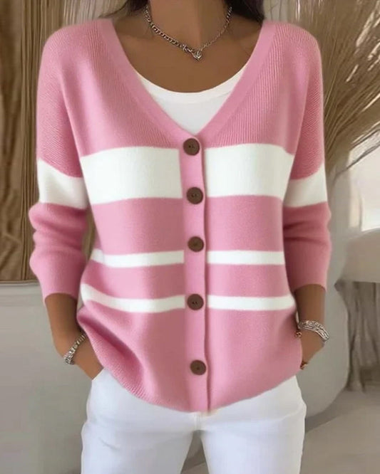 Button Front Color Block Striped Cardigan