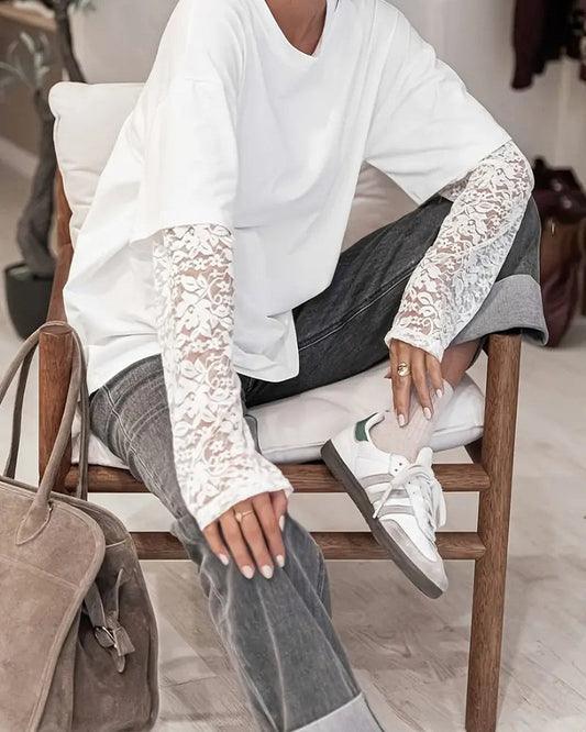 Casual Solid Color Lace Patchwork T-Shirt