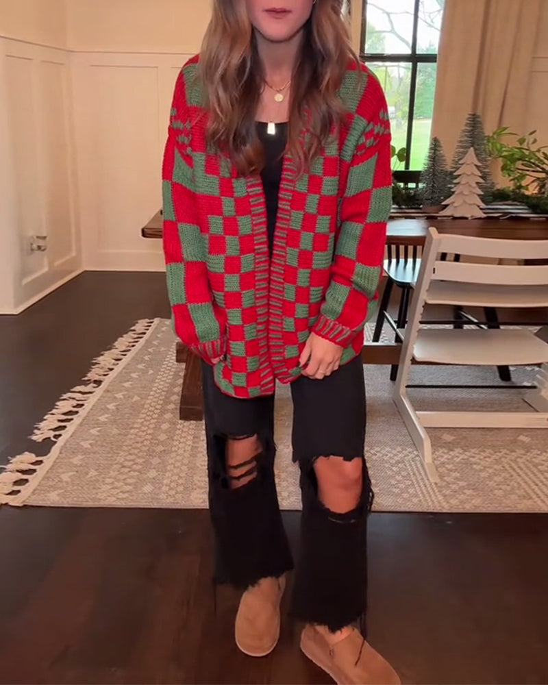 Plaid Drop Shoulder Casual Cardigan