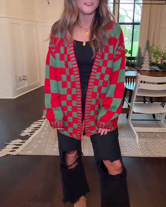 Plaid Drop Shoulder Casual Cardigan